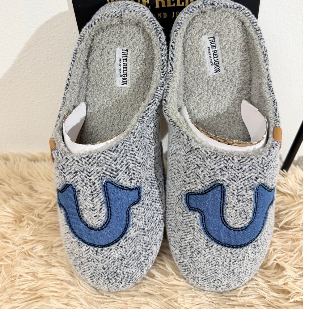 True Religion Men’s Slippers Gray Horseshoe Logo Size 13 XL New